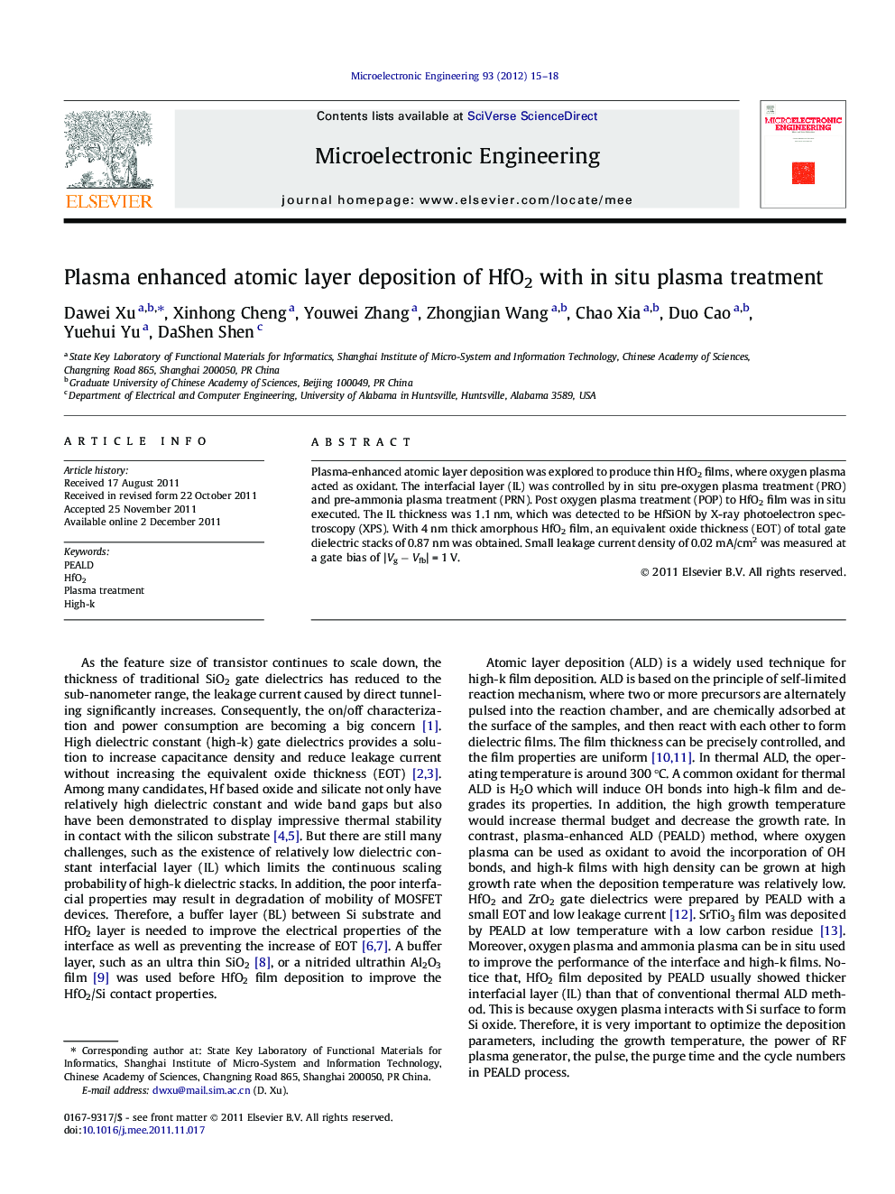 Plasma enhanced atomic layer deposition of HfO2 with in situ plasma treatment