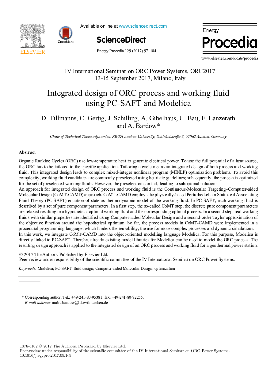 Integrated design of ORC process and working fluid using PC-SAFT and Modelica