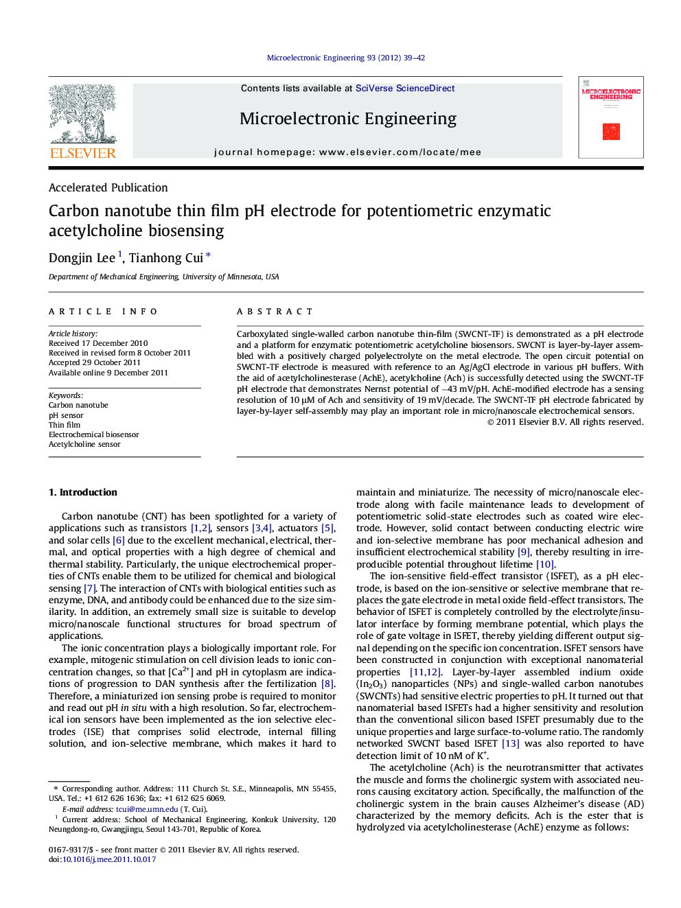 Carbon nanotube thin film pH electrode for potentiometric enzymatic acetylcholine biosensing