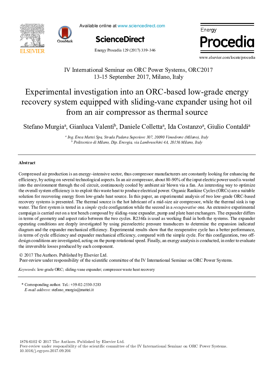 عکس صفحه اول مقاله: Experimental investigation into an ORC-based low-grade energy recovery system equipped with sliding-vane expander using hot oil from an air compressor as thermal source Experimental investigation into an ORC-based low-grade energy recovery system equipped with sliding-vane expander using hot oil from an air compressor as thermal source