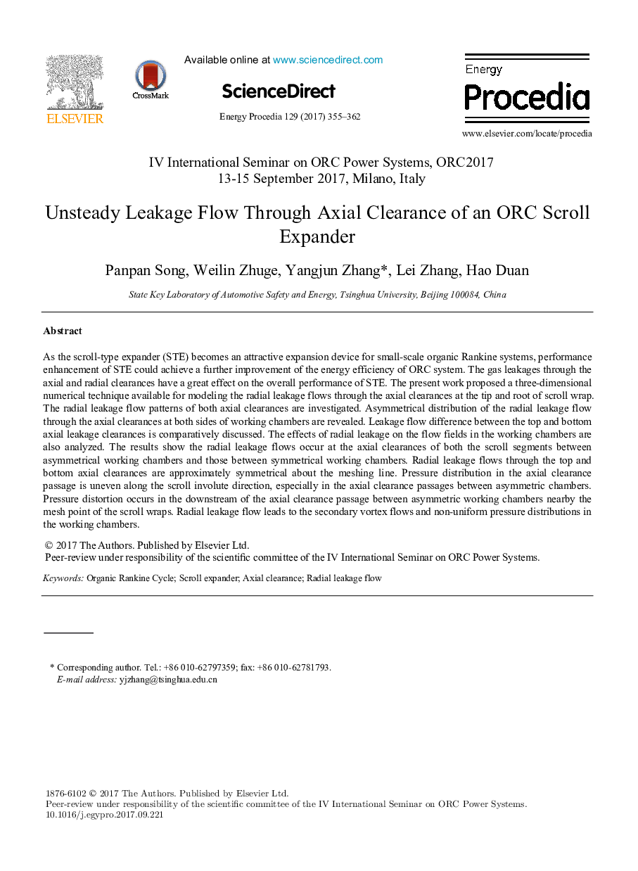 Unsteady Leakage Flow Through Axial Clearance of an ORC Scroll Expander