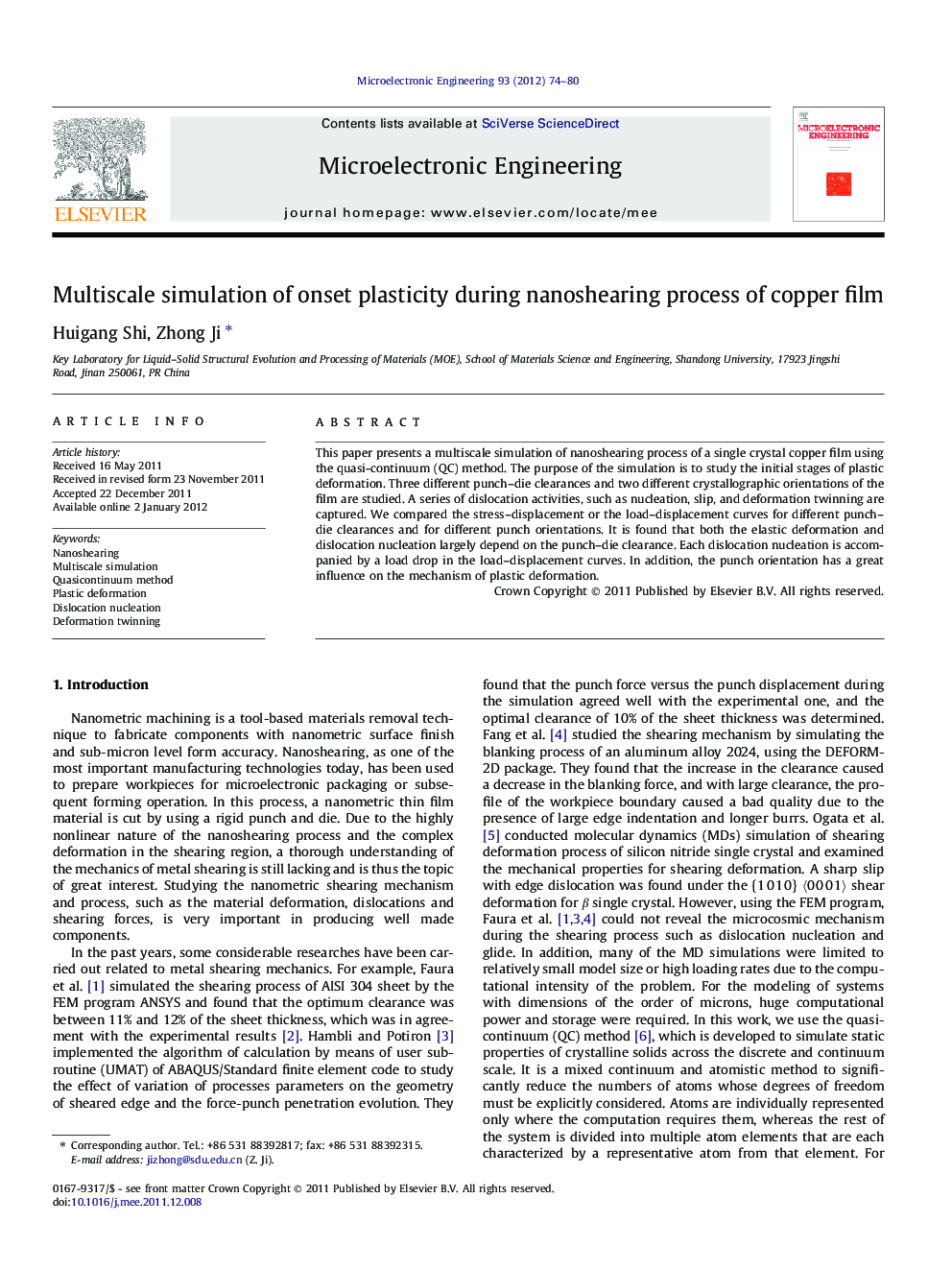 Multiscale simulation of onset plasticity during nanoshearing process of copper film