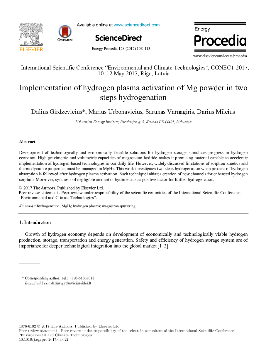 Implementation of hydrogen plasma activation of Mg powder in two steps hydrogenation