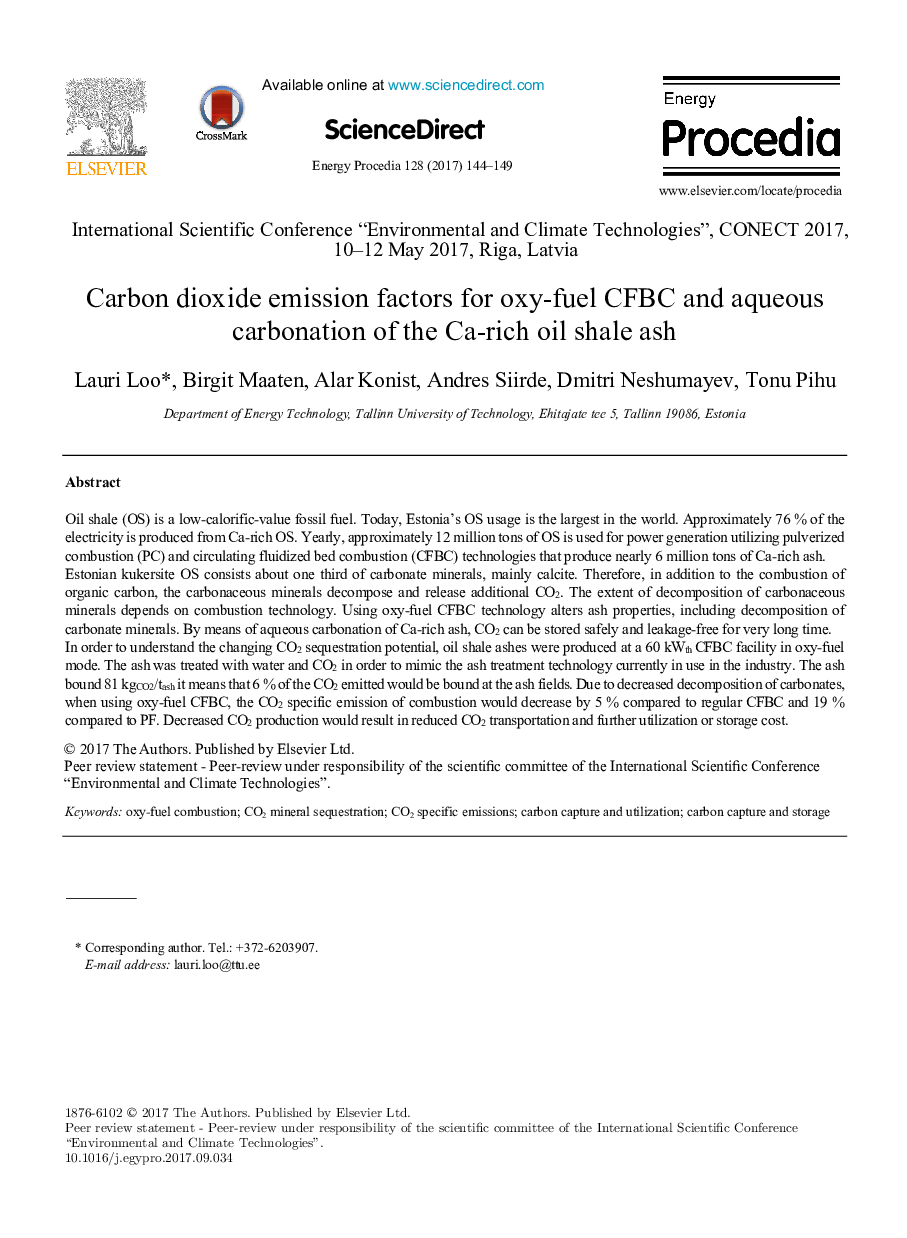 Carbon dioxide emission factors for oxy-fuel CFBC and aqueous carbonation of the Ca-rich oil shale ash