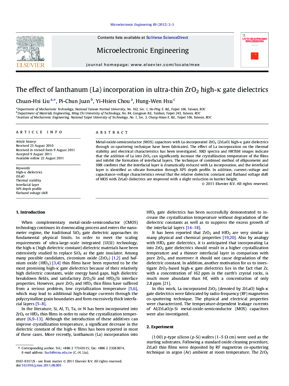 The effect of lanthanum (La) incorporation in ultra-thin ZrO2 high-κ gate dielectrics