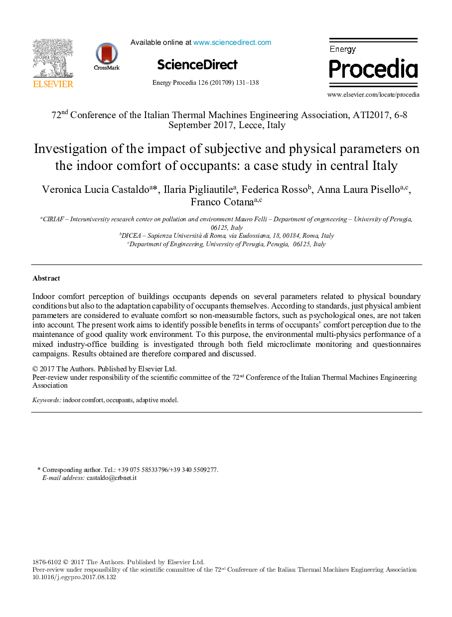 Investigation of the impact of subjective and physical parameters on the indoor comfort of occupants: a case study in central Italy