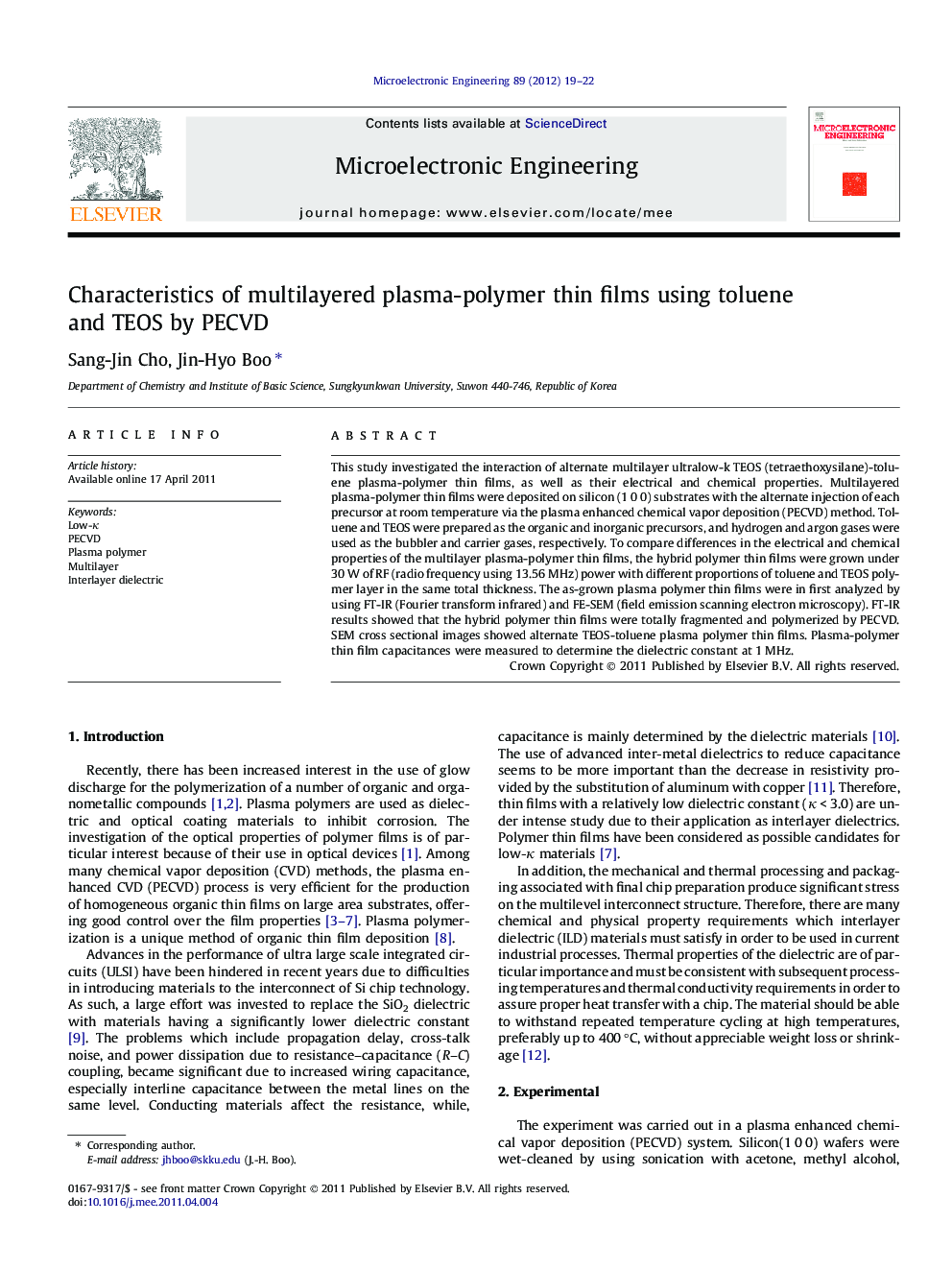 Characteristics of multilayered plasma-polymer thin films using toluene and TEOS by PECVD