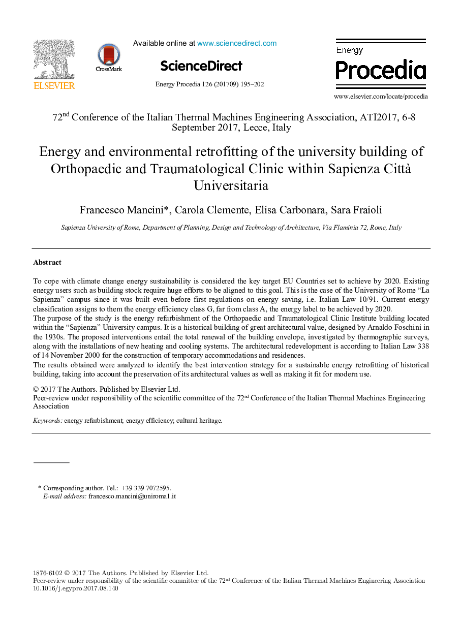 Energy and environmental retrofitting of the university building of Orthopaedic and Traumatological Clinic within Sapienza CittÃ  Universitaria