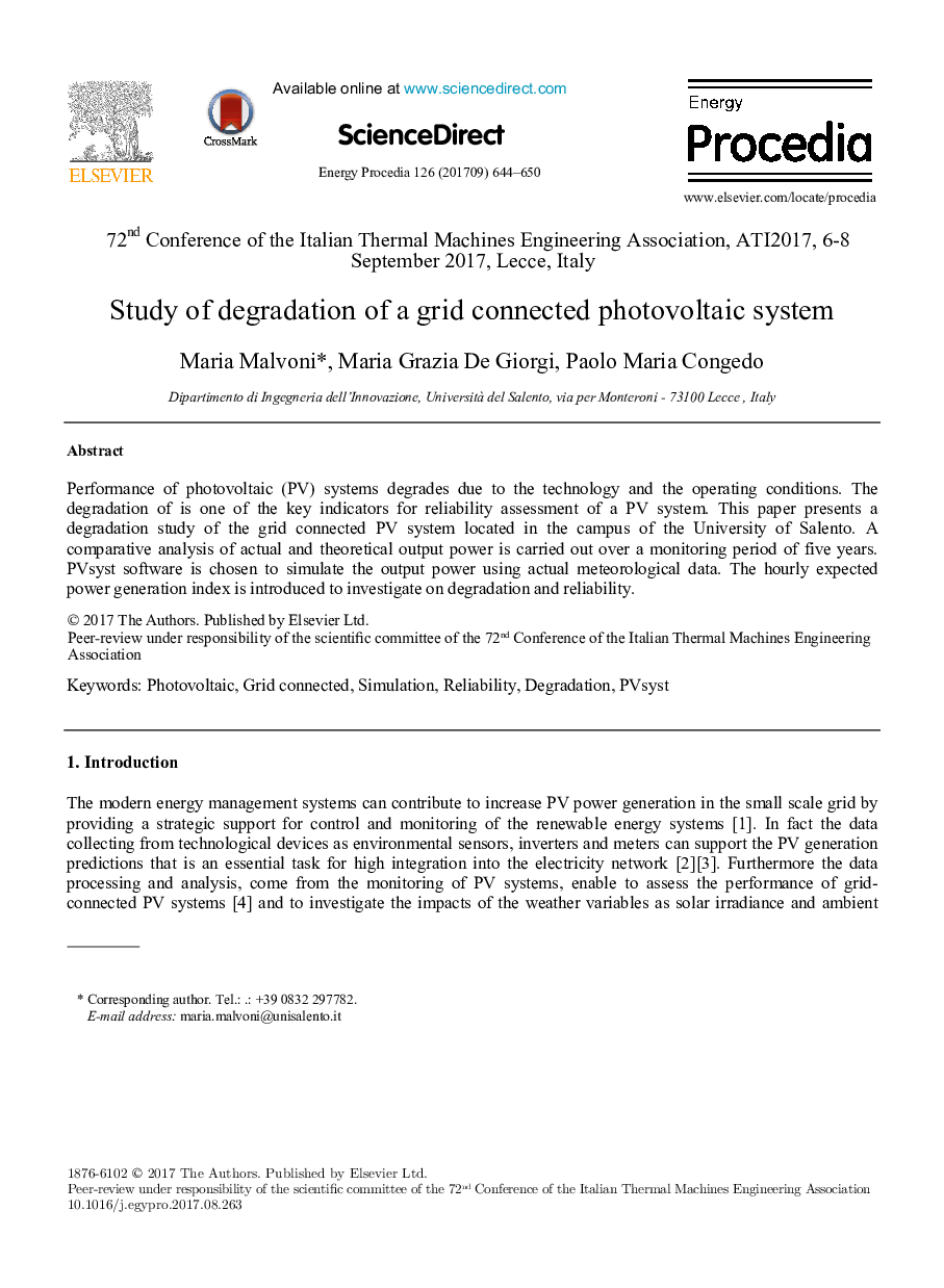 Study of degradation of a grid connected photovoltaic system