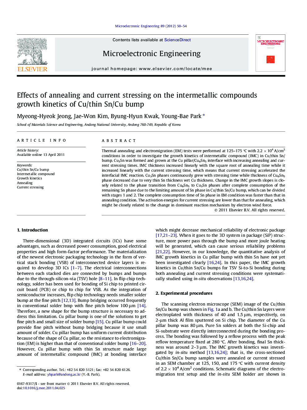 Effects of annealing and current stressing on the intermetallic compounds growth kinetics of Cu/thin Sn/Cu bump