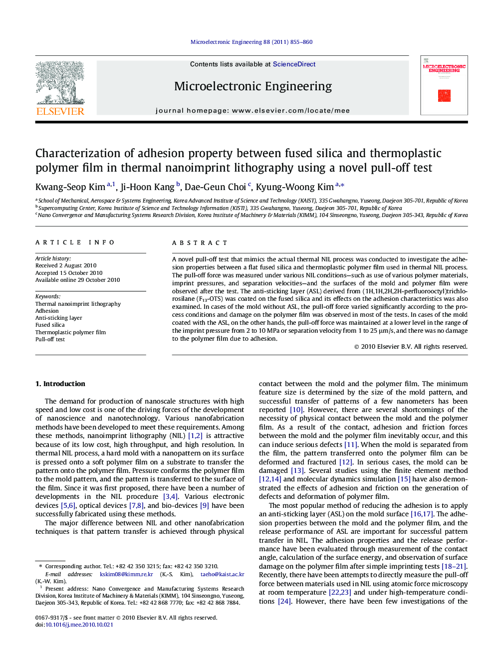 Characterization of adhesion property between fused silica and thermoplastic polymer film in thermal nanoimprint lithography using a novel pull-off test