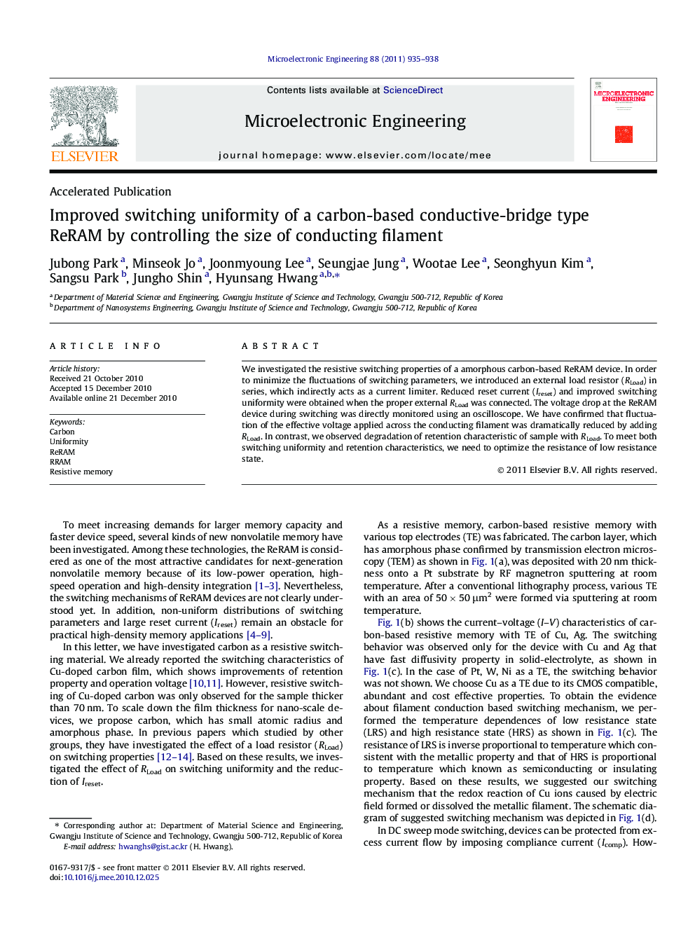 Improved switching uniformity of a carbon-based conductive-bridge type ReRAM by controlling the size of conducting filament