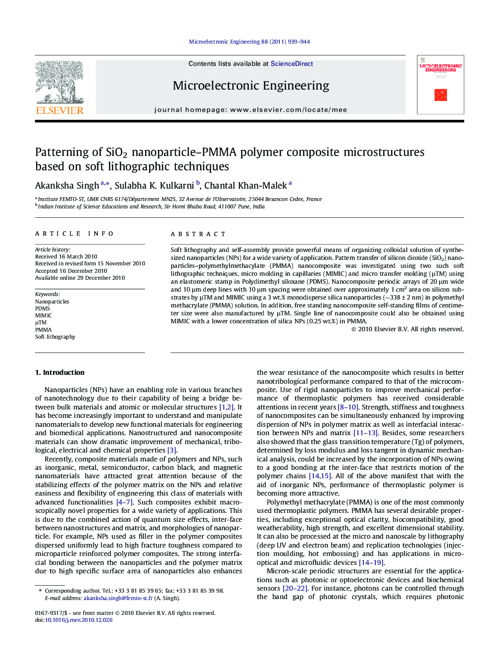 Patterning of SiO2 nanoparticle–PMMA polymer composite microstructures based on soft lithographic techniques