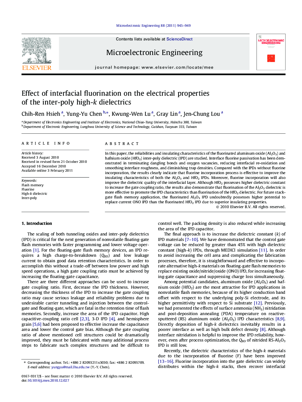 Effect of interfacial fluorination on the electrical properties of the inter-poly high-k dielectrics