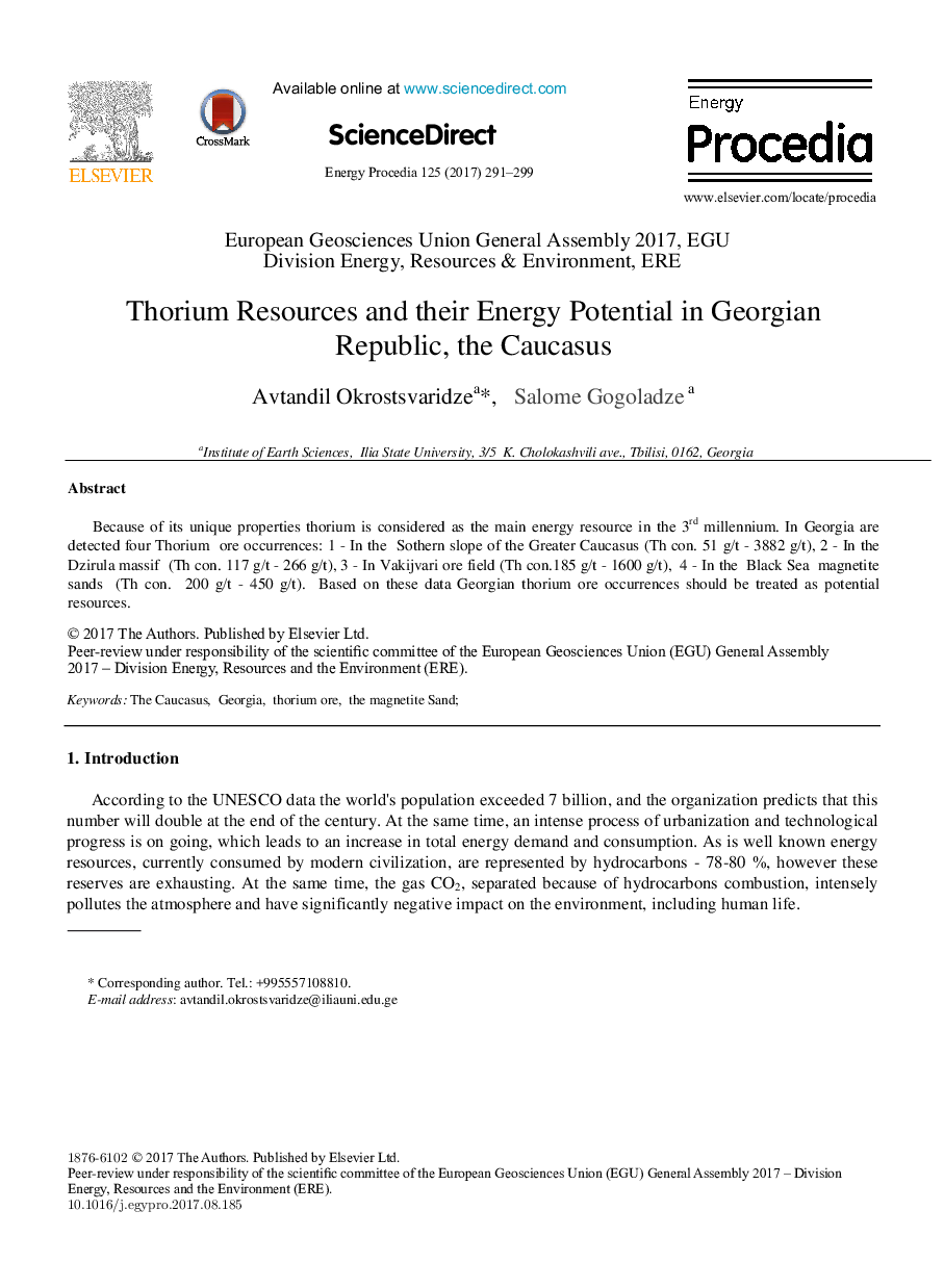 Thorium Resources and their Energy Potential in Georgian Republic, the Caucasus