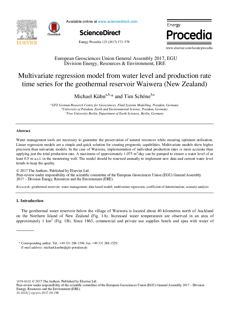 Multivariate regression model from water level and production rate time series for the geothermal reservoir Waiwera (New Zealand)