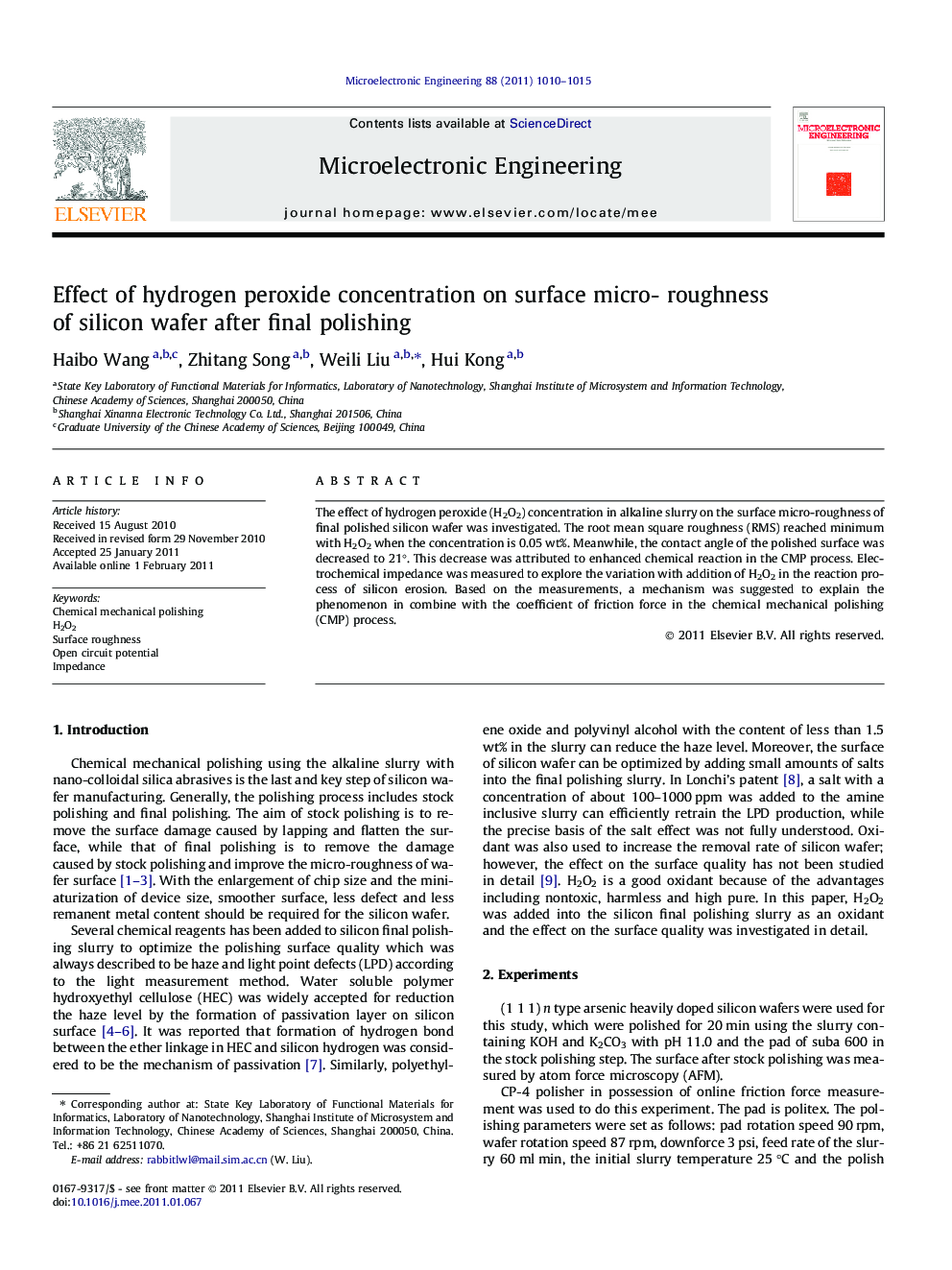 Effect of hydrogen peroxide concentration on surface micro- roughness of silicon wafer after final polishing