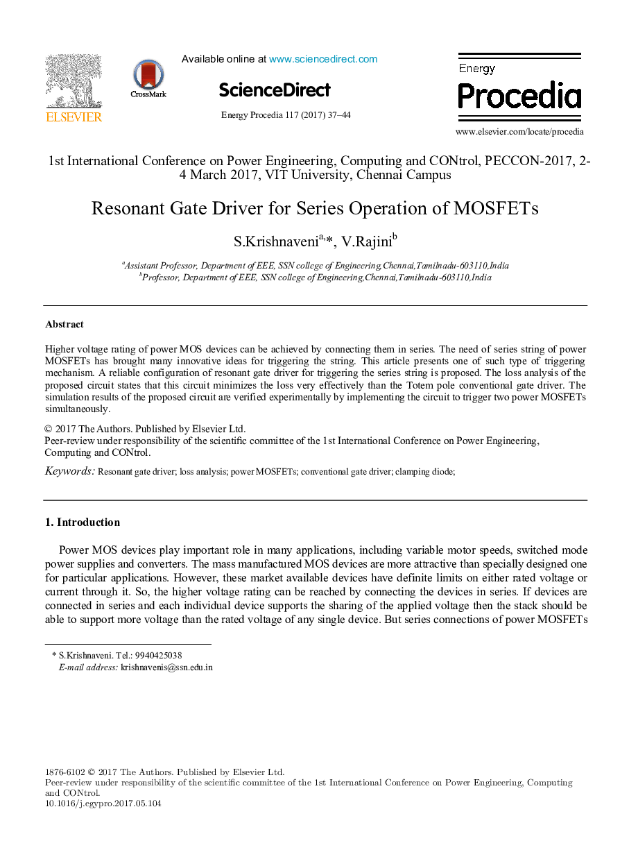 Resonant Gate Driver for Series Operation of MOSFETs