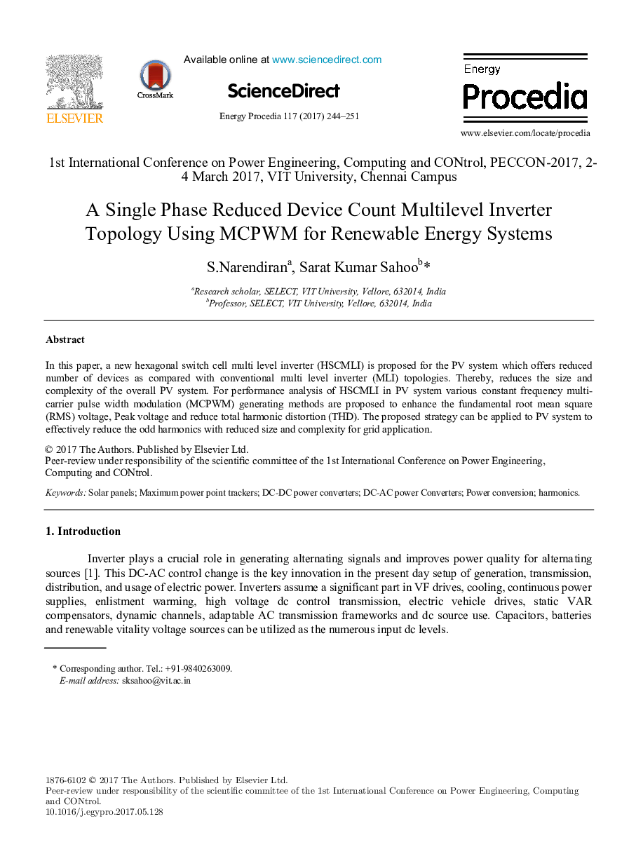 A Single Phase Reduced Device Count Multilevel Inverter Topology Using MCPWM for Renewable Energy Systems