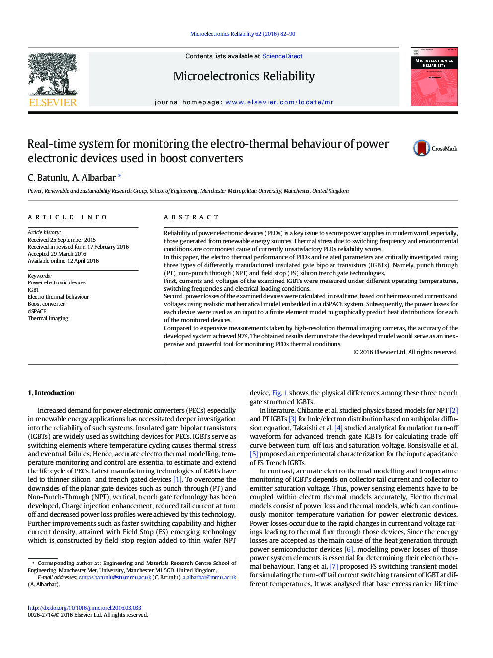 Real-time system for monitoring the electro-thermal behaviour of power electronic devices used in boost converters