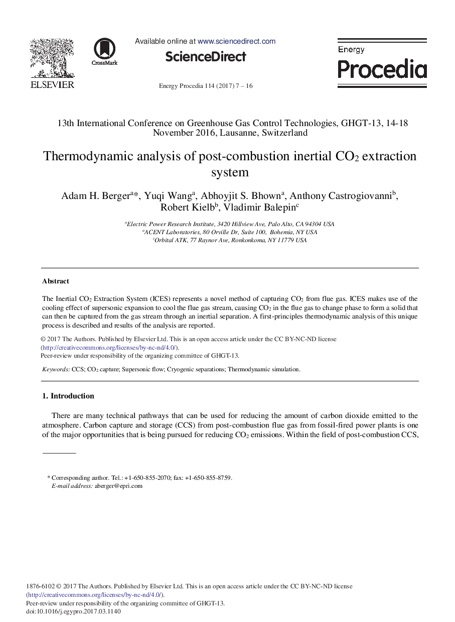 Thermodynamic Analysis of Post-combustion Inertial CO2 Extraction System