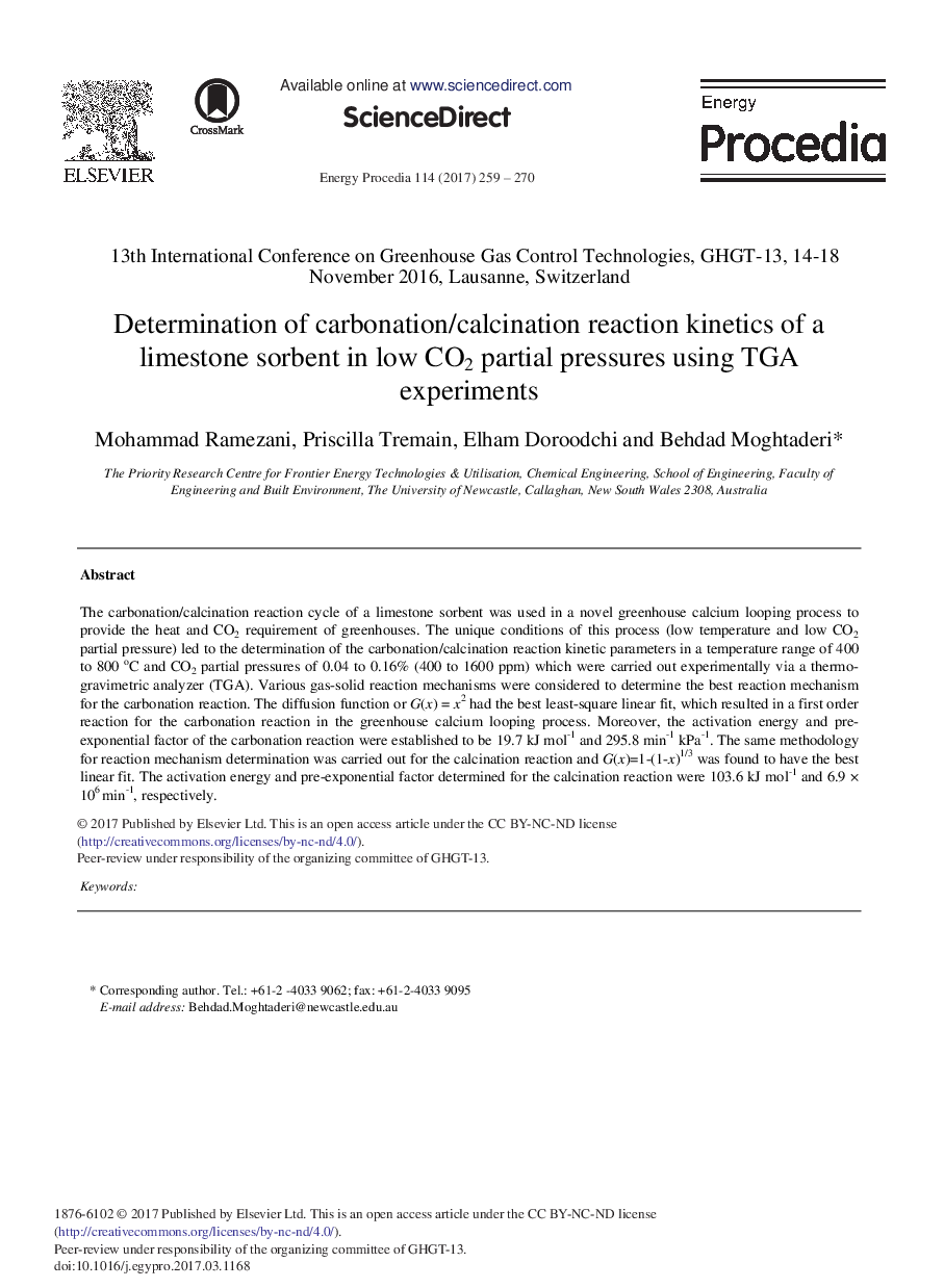 Determination of Carbonation/Calcination Reaction Kinetics of a Limestone Sorbent in low CO2 Partial Pressures Using TGA Experiments