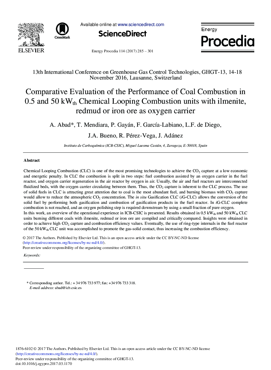 Comparative Evaluation of the Performance of Coal Combustion in 0.5 and 50 kWth Chemical Looping Combustion Units with Ilmenite, Redmud or Iron Ore as Oxygen Carrier