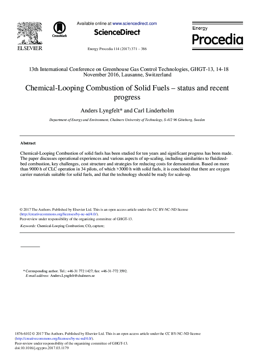 Chemical-Looping Combustion of Solid Fuels - Status and Recent Progress