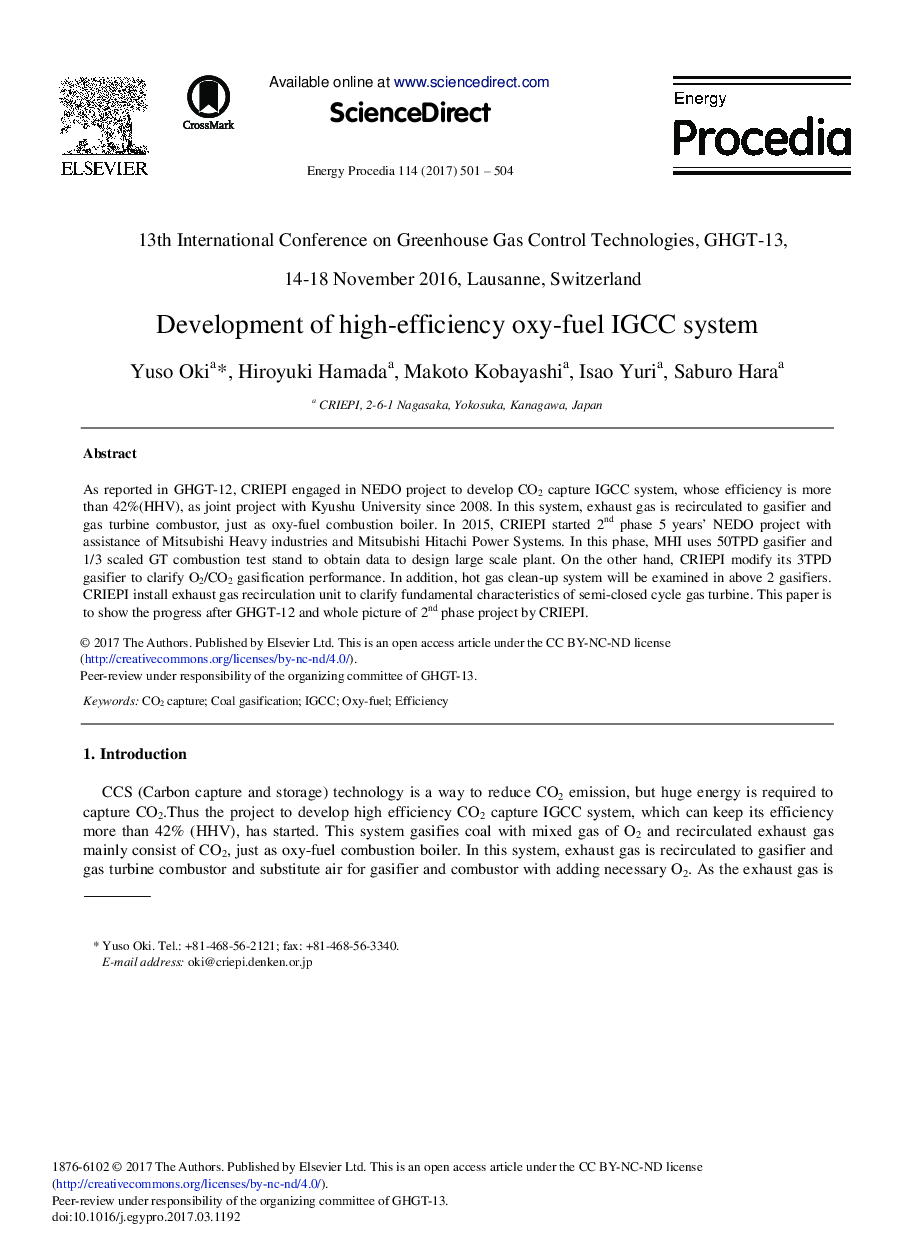 Development of High-efficiency Oxy-fuel IGCC System