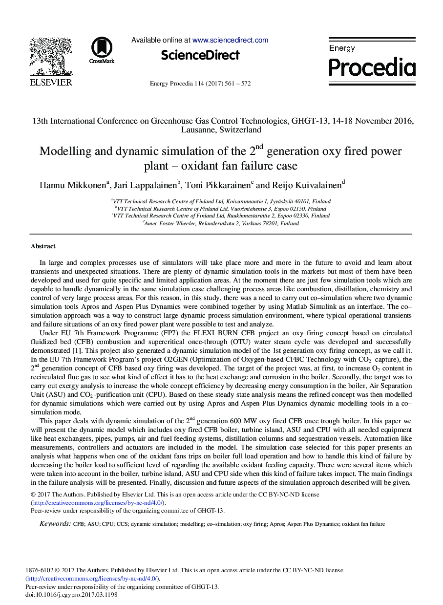 Modelling and Dynamic Simulation of the 2nd Generation Oxy Fired Power Plant - Oxidant Fan Failure Case