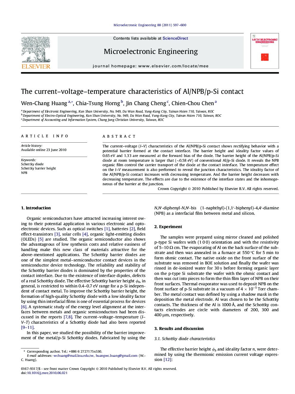 The current–voltage–temperature characteristics of Al/NPB/p-Si contact