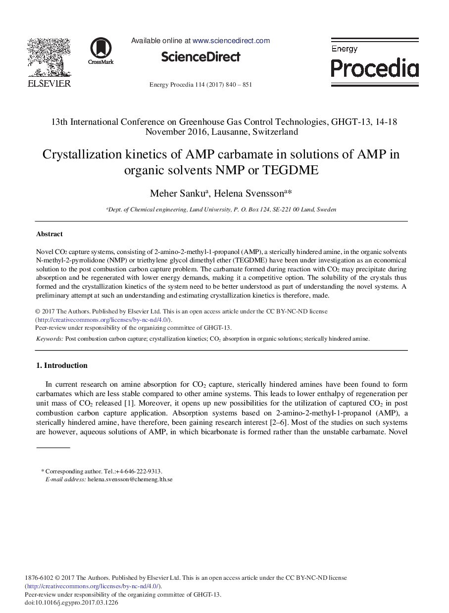 Crystallization Kinetics of AMP Carbamate in Solutions of AMP in Organic Solvents NMP or TEGDME