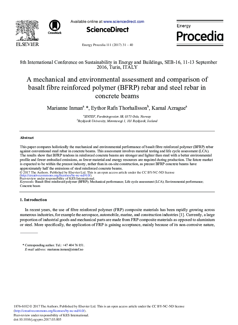 A Mechanical and Environmental Assessment and Comparison of Basalt Fibre Reinforced Polymer (BFRP) Rebar and Steel Rebar in Concrete Beams