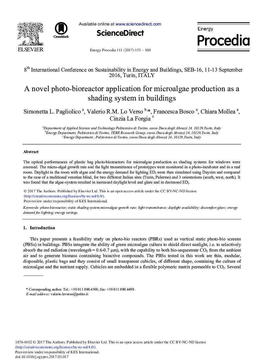 A Novel Photo-bioreactor Application for Microalgae Production as a Shading System in Buildings