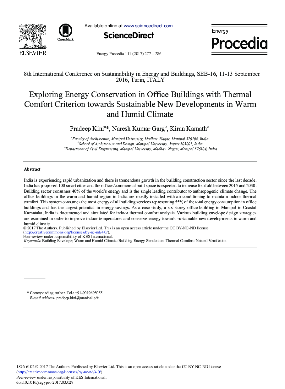 Exploring Energy Conservation in Office Buildings with Thermal Comfort Criterion Towards Sustainable New Developments in Warm and Humid Climate