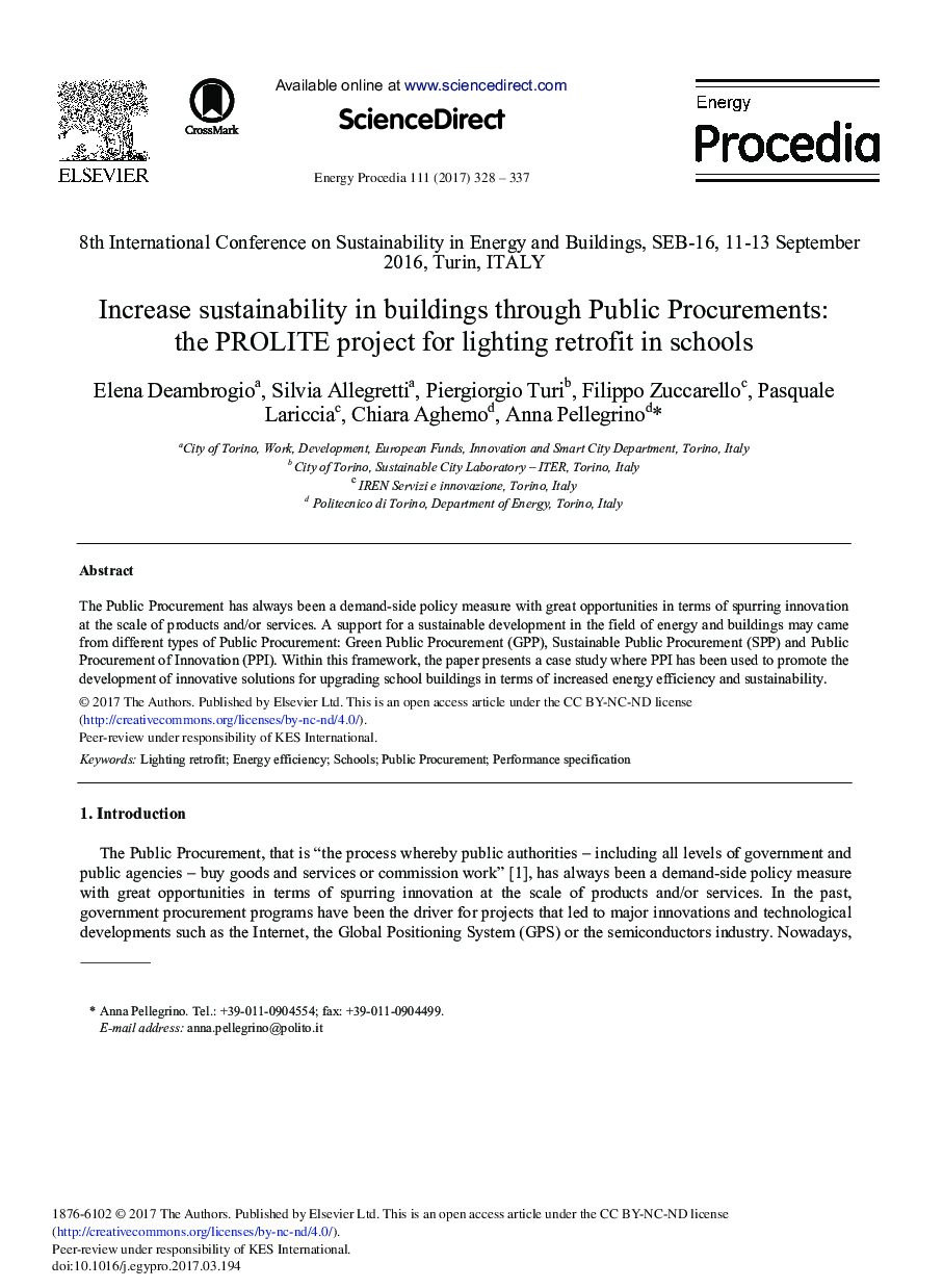 Increase Sustainability in Buildings Through Public Procurements: The PROLITE project for Lighting Retrofit in Schools