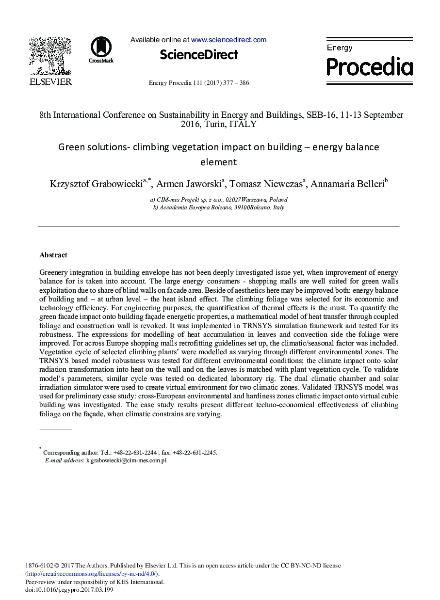 Green Solutions- Climbing Vegetation Impact on Building - Energy Balance Element