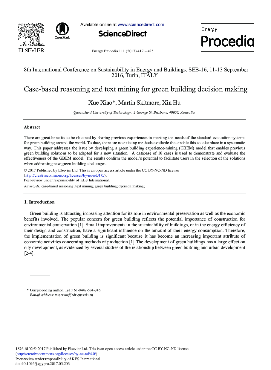 Case-based Reasoning and Text Mining for Green Building Decision Making