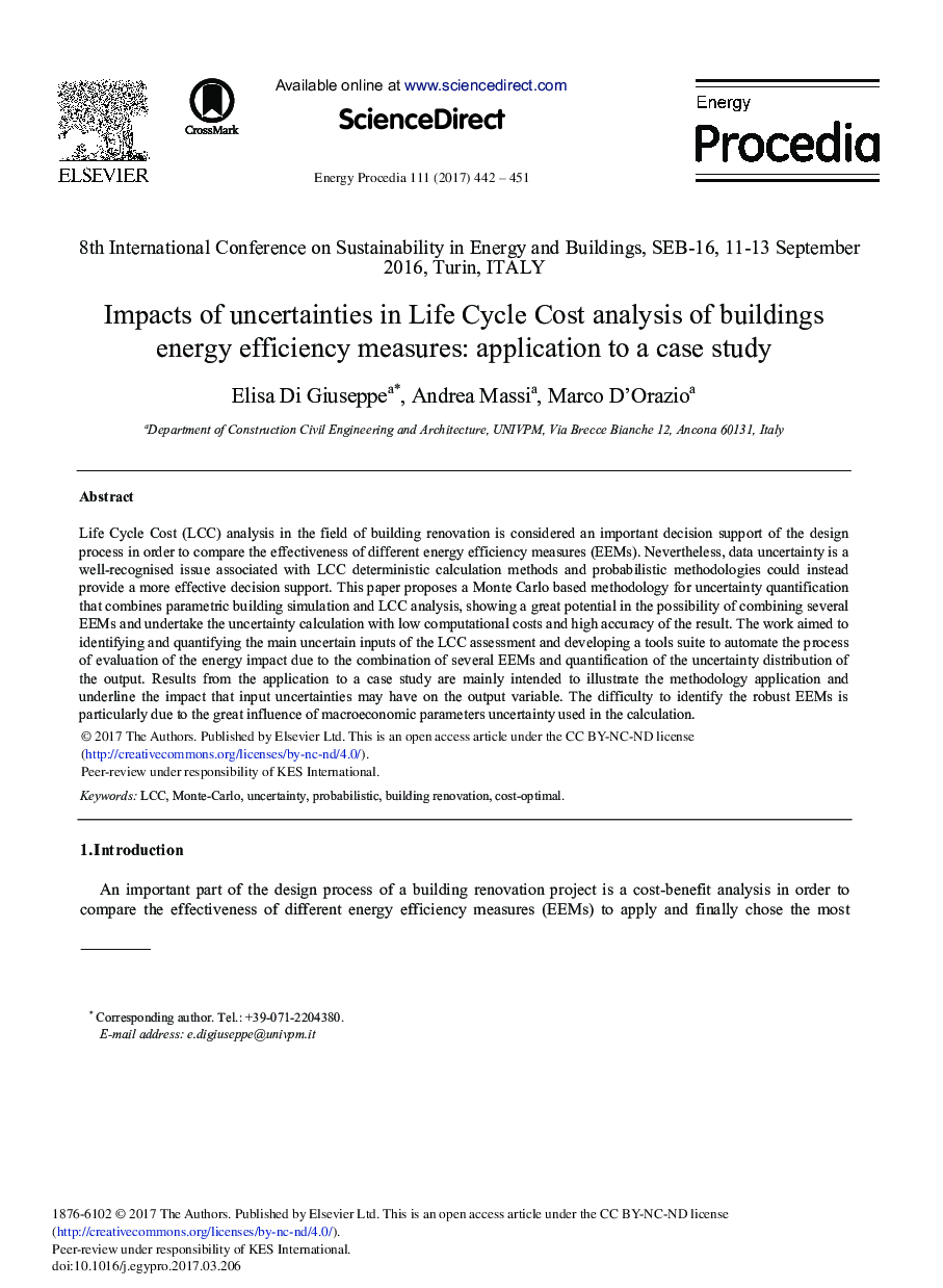 Impacts of Uncertainties in Life Cycle Cost Analysis of Buildings Energy Efficiency Measures: Application to a Case Study