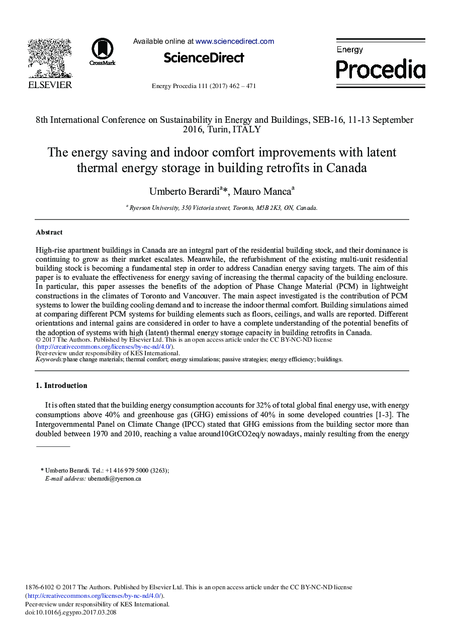 The Energy Saving and Indoor Comfort Improvements with Latent Thermal Energy Storage in Building Retrofits in Canada