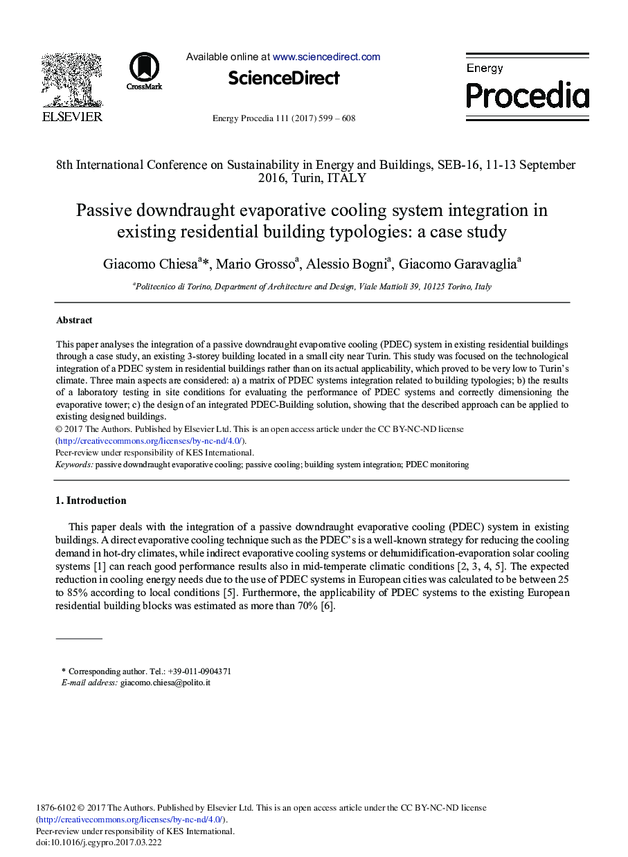 Passive Downdraught Evaporative Cooling System Integration in Existing Residential Building Typologies: A Case Study