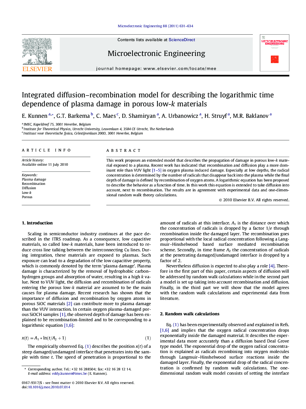 Integrated diffusion–recombination model for describing the logarithmic time dependence of plasma damage in porous low-k materials