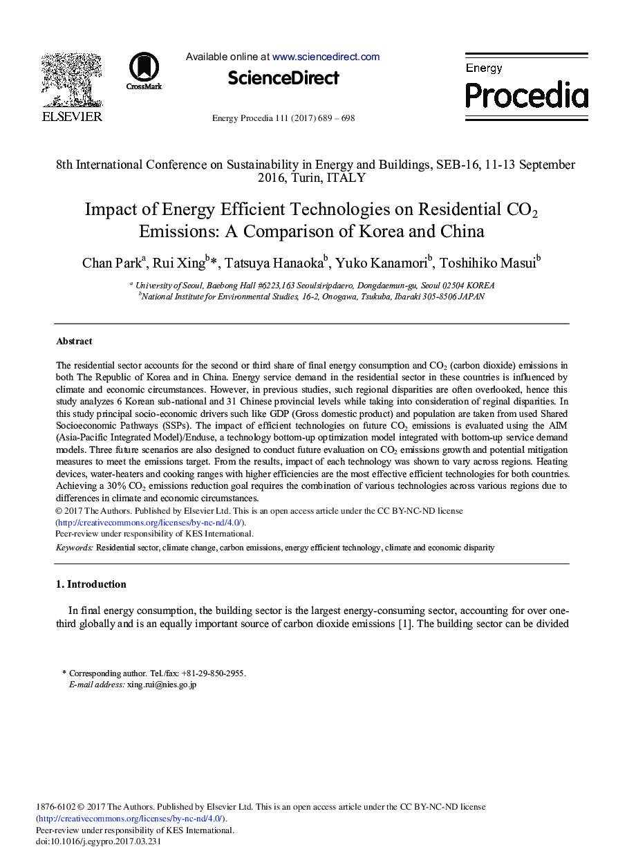 Impact of Energy Efficient Technologies on Residential CO2 Emissions: A Comparison of Korea and China
