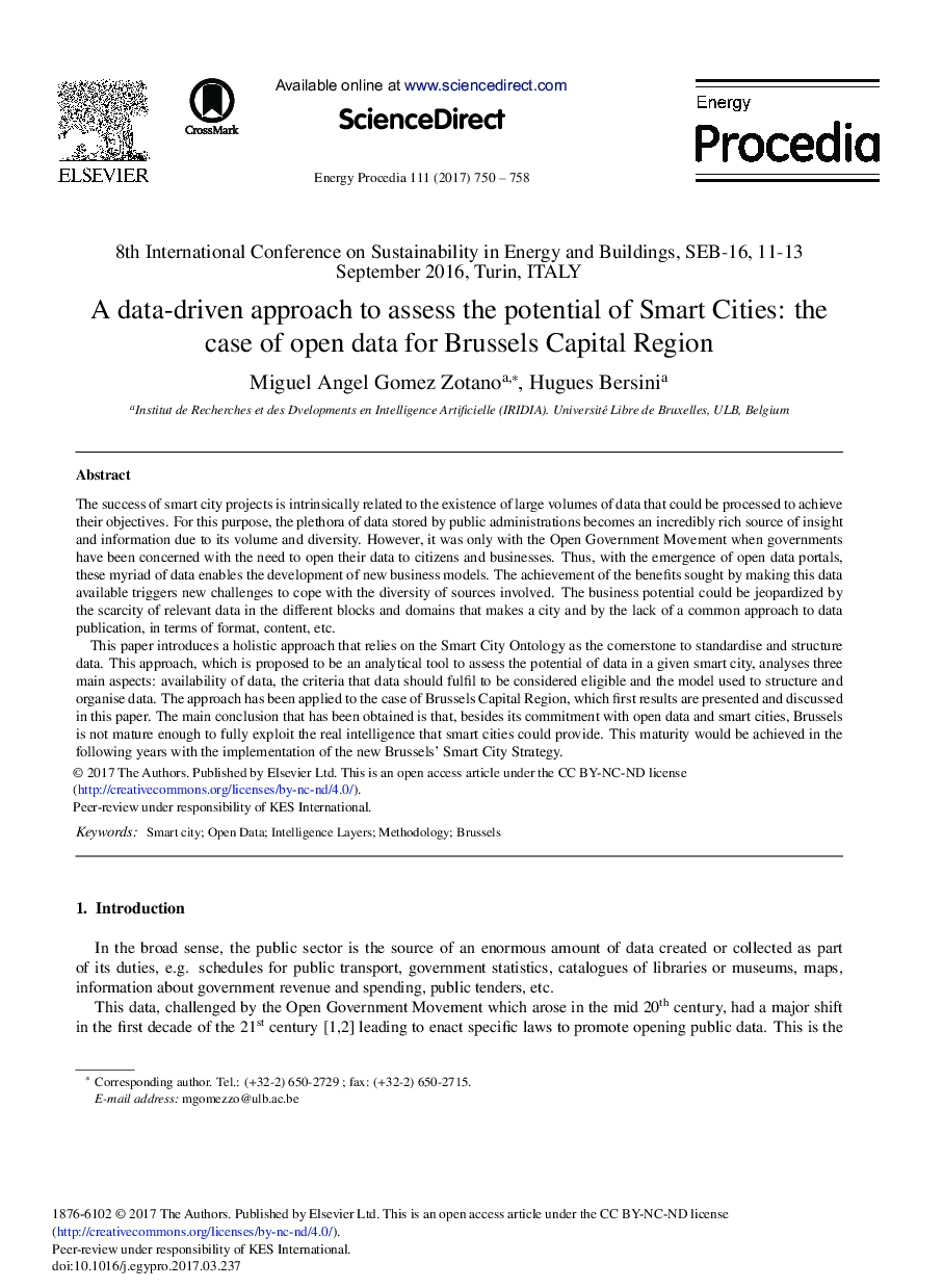 یک رویکرد مبتنی بر داده ها برای ارزیابی پتانسیل شهرهای هوشمند: مورد داده های باز برای منطقه سرمایه ی بروکسل 