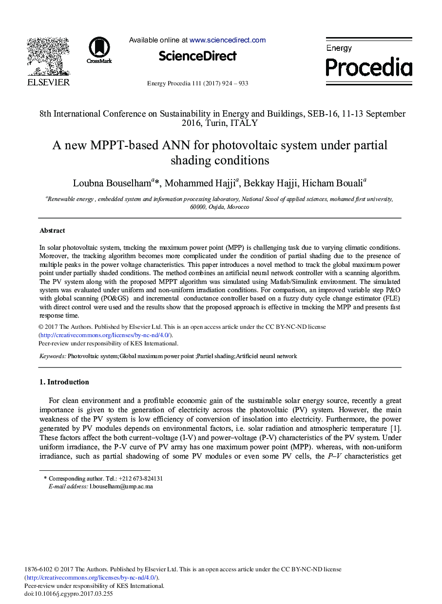 A New MPPT-based ANN for Photovoltaic System under Partial Shading Conditions