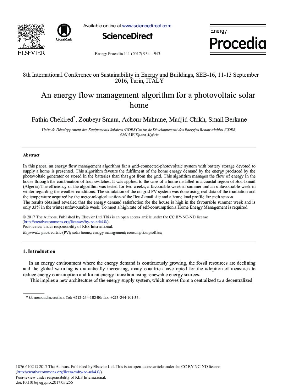 An Energy Flow Management Algorithm for a Photovoltaic Solar Home