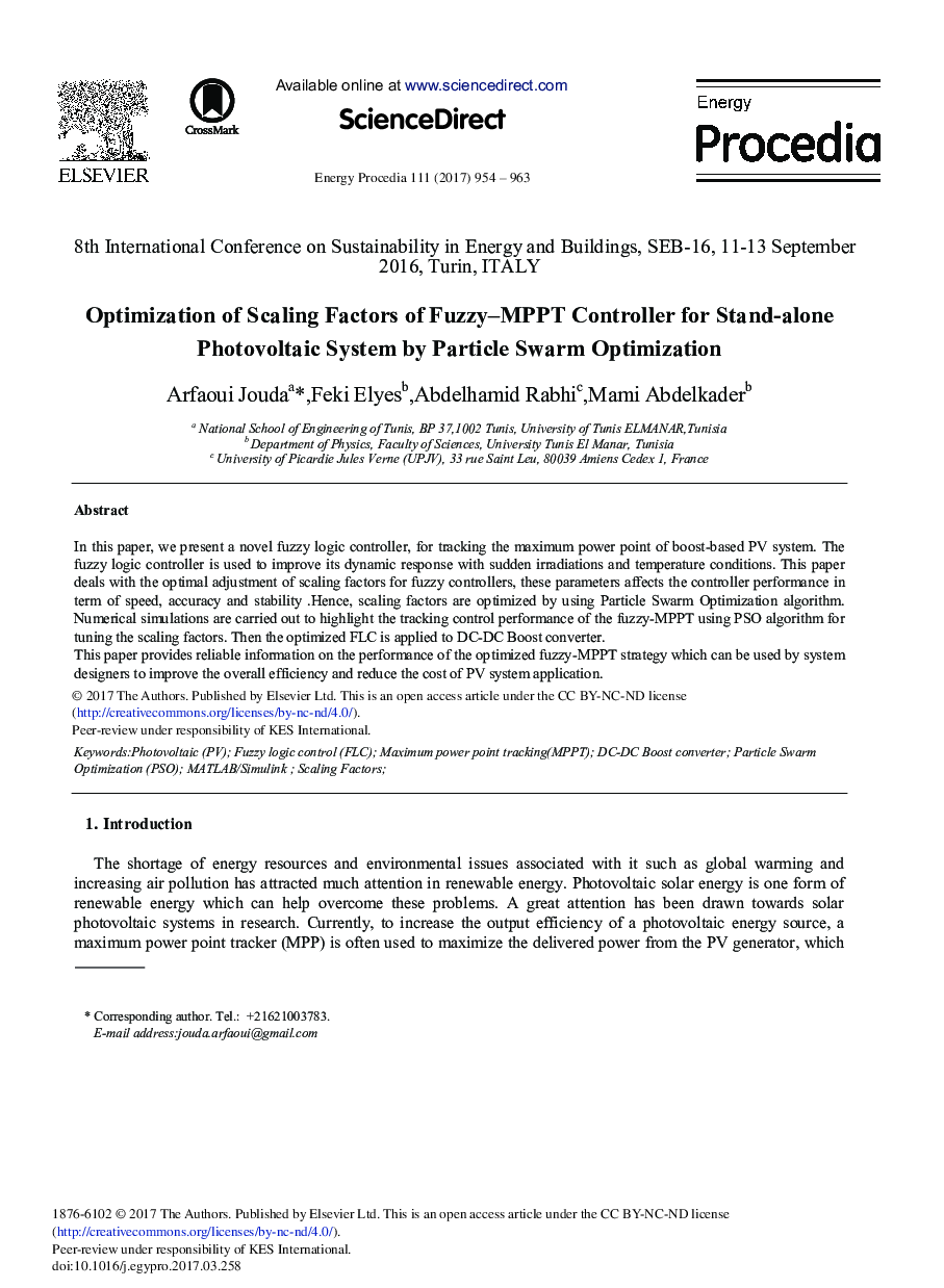 Optimization of Scaling Factors of Fuzzy-MPPT Controller for Stand-alone Photovoltaic System by Particle Swarm Optimization