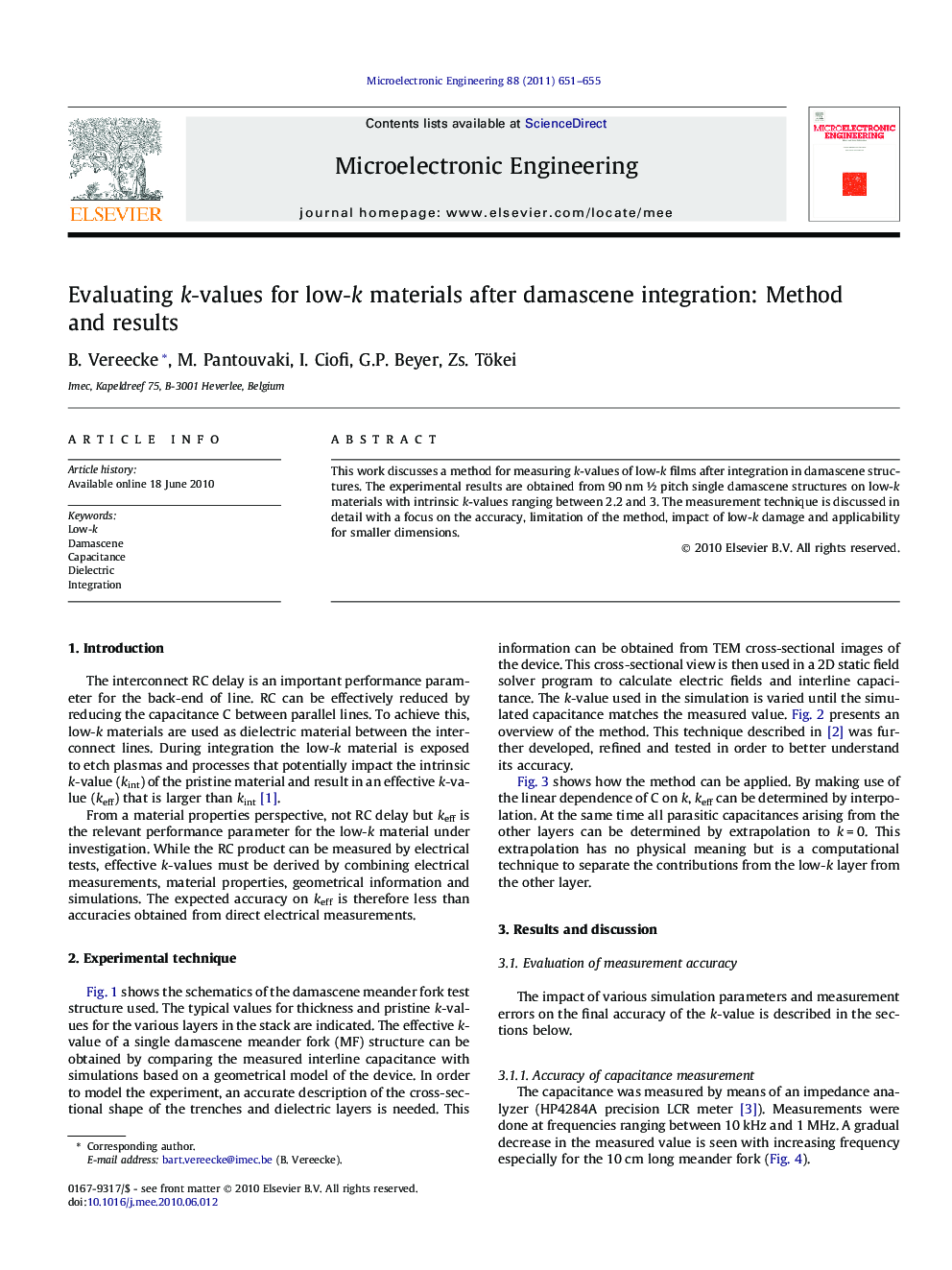 Evaluating k-values for low-k materials after damascene integration: Method and results