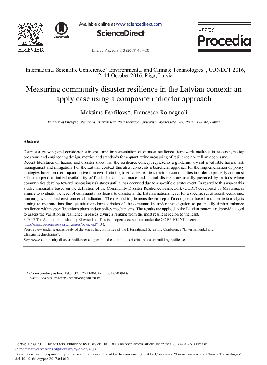 مقیاس انعطاف پذیری فاجعه در جامعه در مورد متن لتونی: مورد استفاده با استفاده از رویکرد شاخص کامپوزیت 