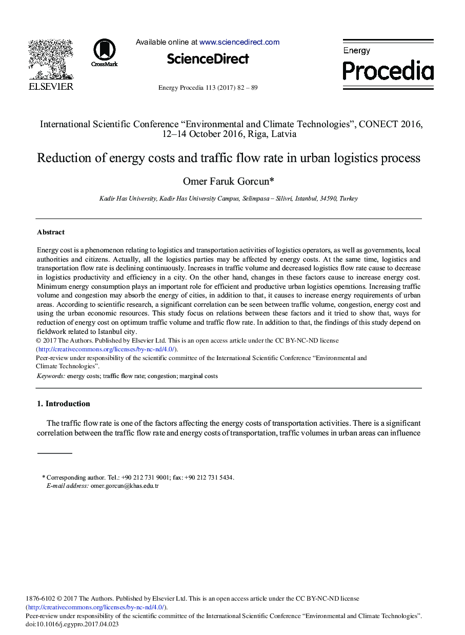 Reduction of Energy Costs and Traffic Flow Rate in Urban Logistics Process